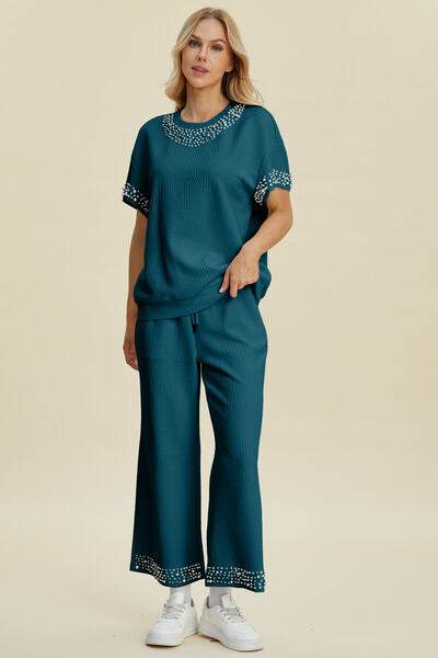 Double Take Full Size Pearl Detail Round Neck Top and Pants Set Deep Teal for a perfect OOTD – dress to impress outfits from Amexza