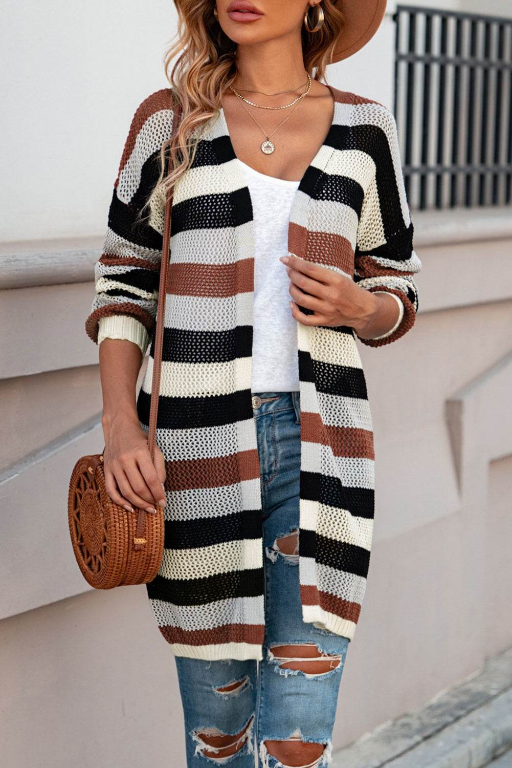 Full Size Striped Long Sleeve Openwork Cardigan Black for a perfect OOTD – dress to impress outfits from Amexza