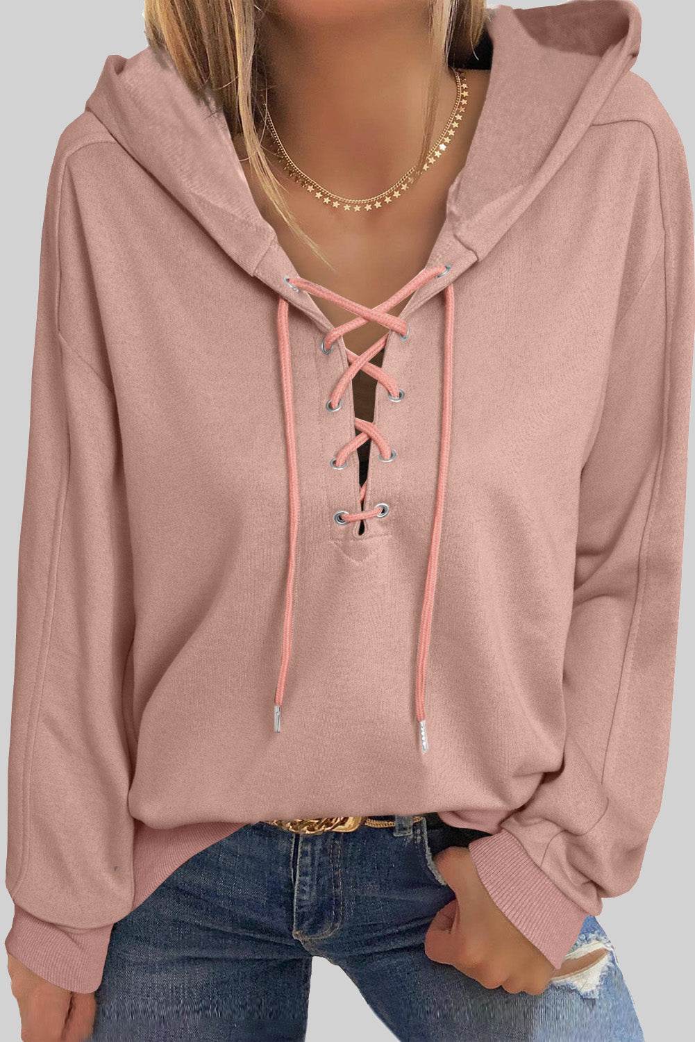 Lace Up Long Sleeve Hoodie - Amexza