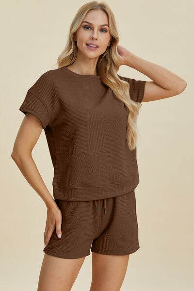 Double Take Full Size Texture Short Sleeve Top and Shorts Set for a perfect OOTD – dress to impress outfits from Amexza