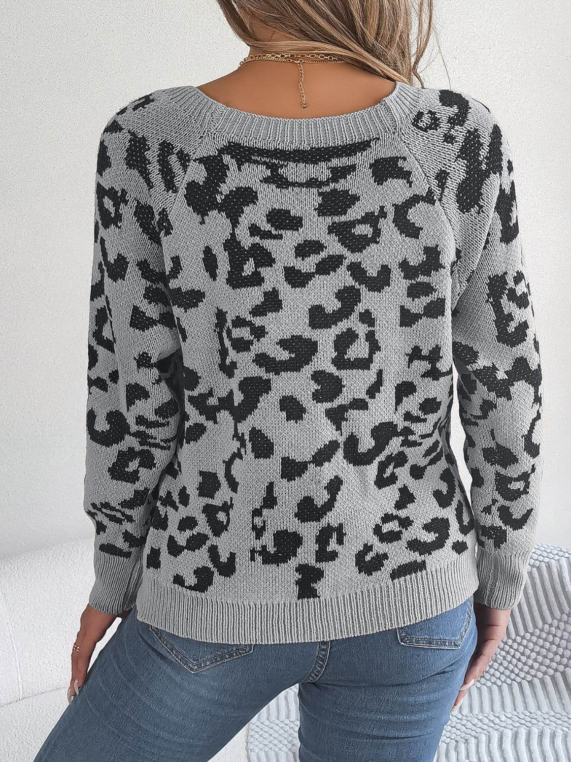 Leopard Buttoned Square Neck Sweater for a perfect OOTD – dress to impress outfits from Amexza