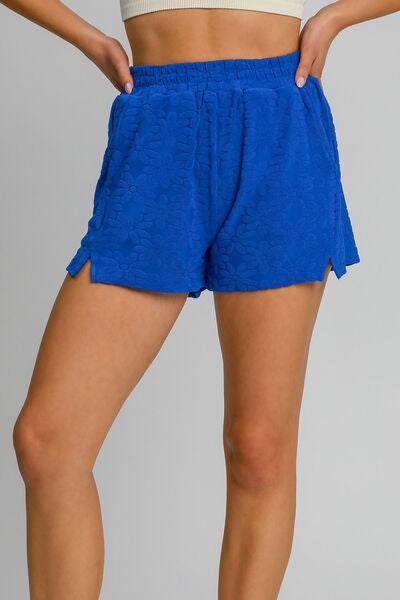 Umgee Floral Elastic Waist Jacquard Shorts with Pockets Royal Blue for a perfect OOTD – dress to impress outfits from Amexza