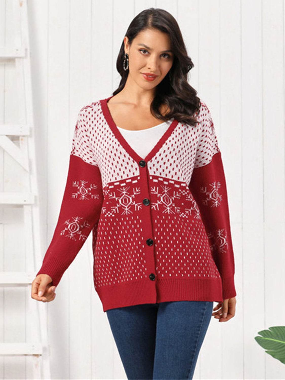 Snowflake Button Down Cardigan Deep Red for a perfect OOTD – dress to impress outfits from Amexza