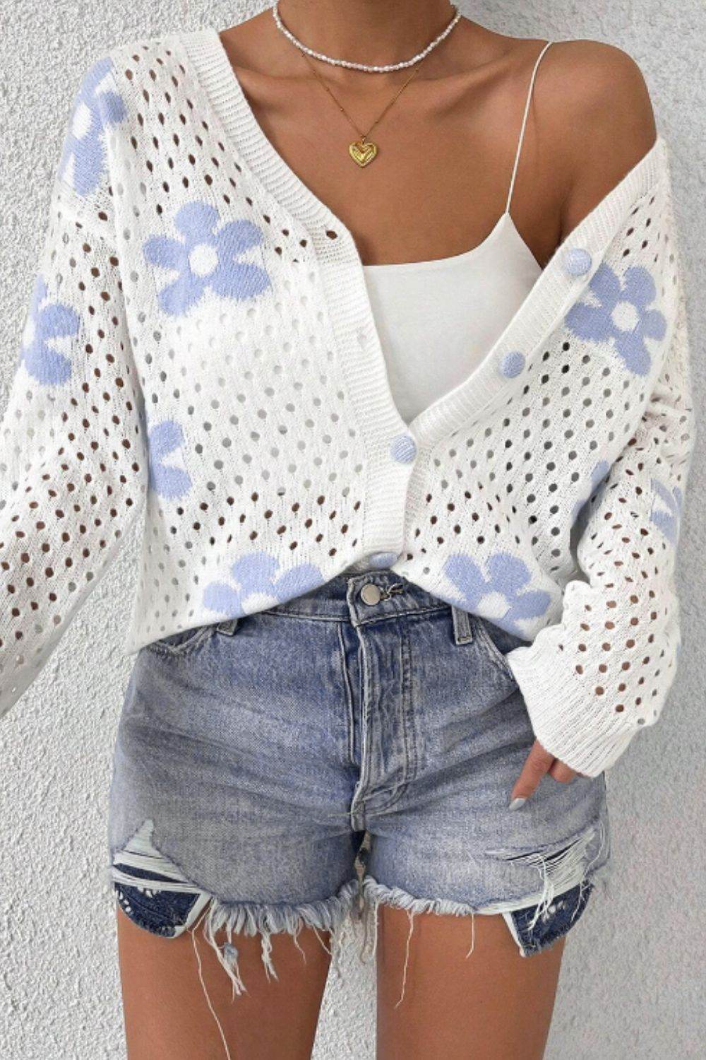 Flower Hollowed Out Button Down Long Sleeve Cardigan - Amexza