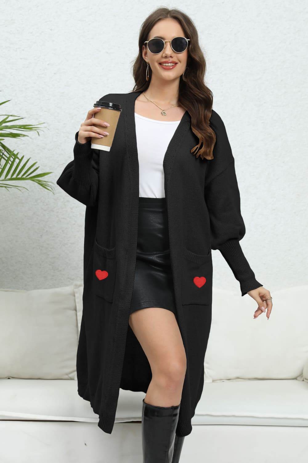 Lantern Sleeve Open Front Pocketed Cardigan Black One Size for a perfect OOTD – dress to impress outfits from Amexza