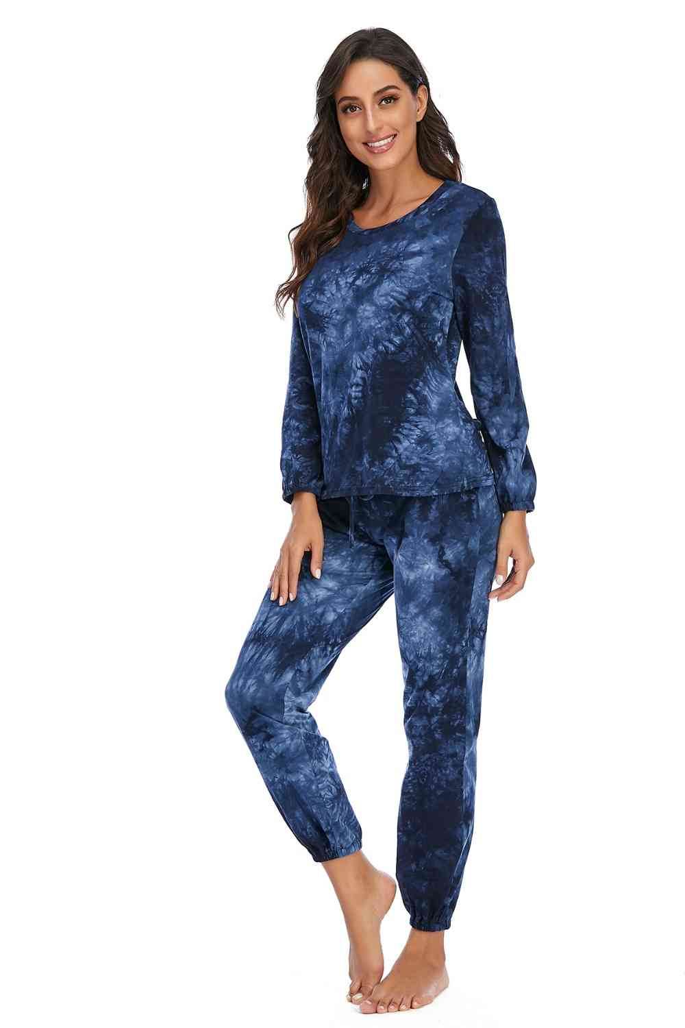 Tie-Dye Top and Drawstring Pants Lounge Set - Amexza