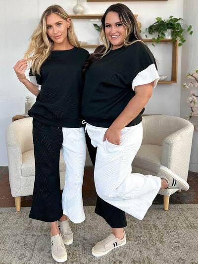 Double Take Full Size Texture Contrast T-Shirt and Wide Leg Pants Set for a perfect OOTD – dress to impress outfits from Amexza