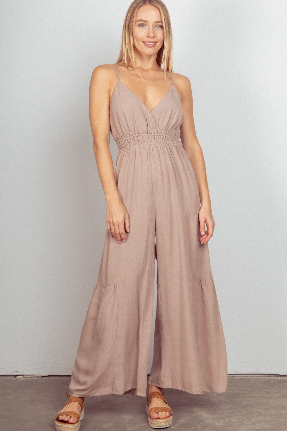 VERY J Sleeveless Ruched Wide Leg Jumpsuit Natural for a perfect OOTD – dress to impress outfits from Amexza