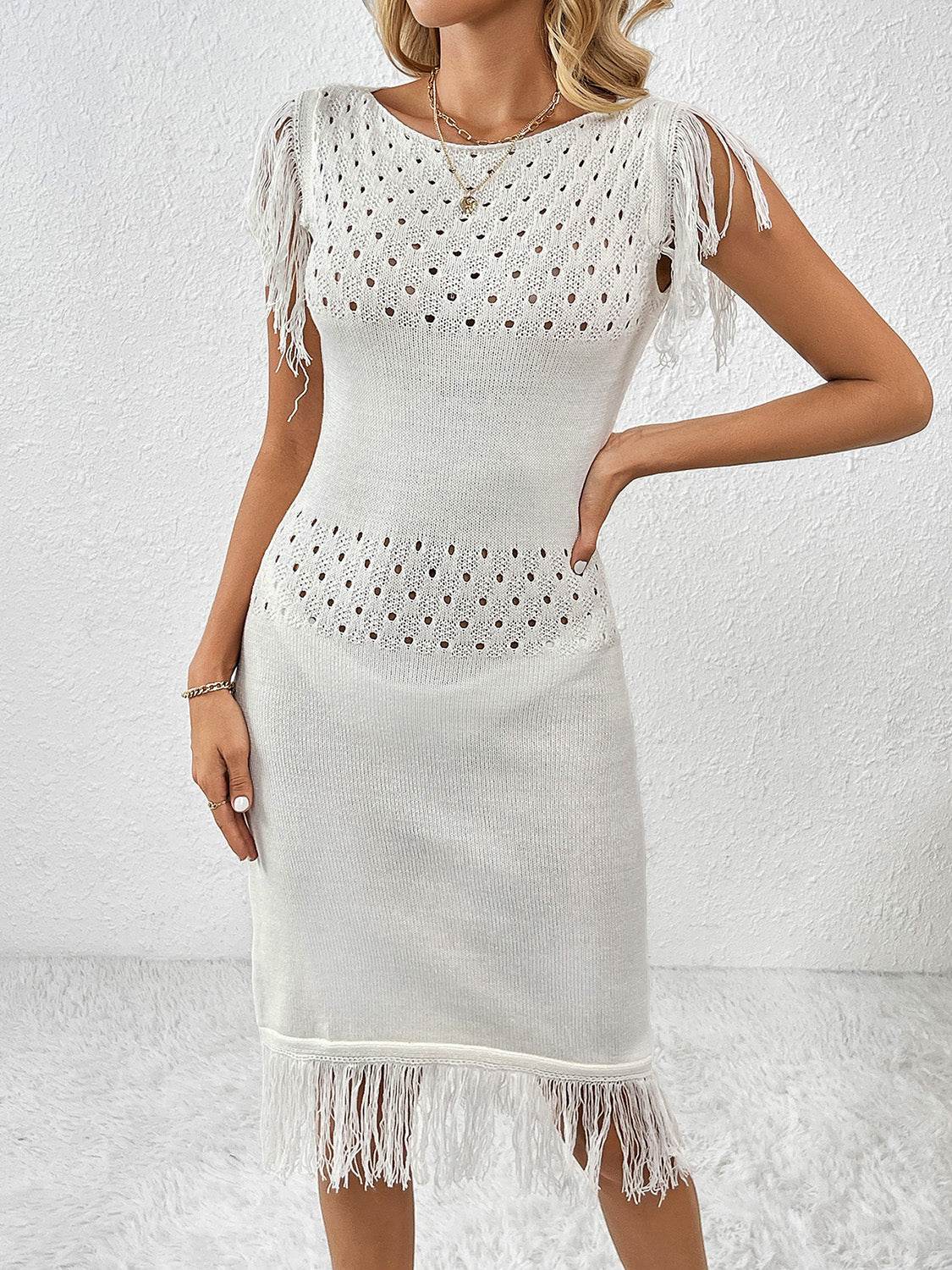 Fringe Openwork Boat Neck Knit Dress for a perfect OOTD – dress to impress outfits from Amexza