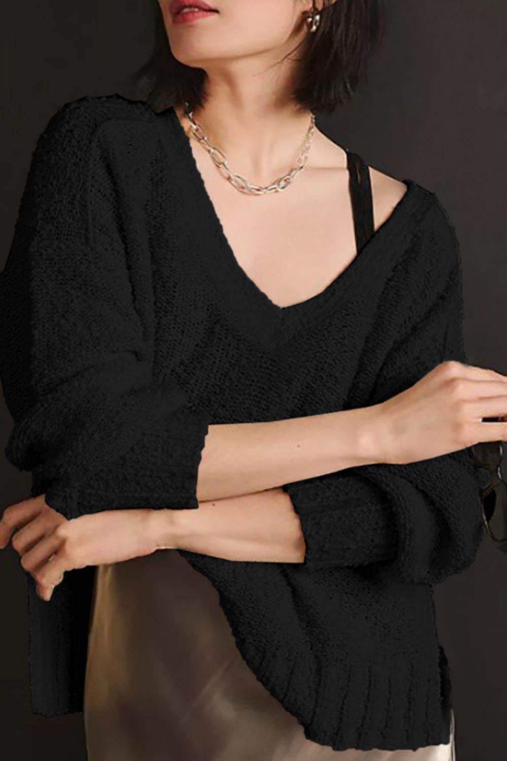 V-Neck Dropped Shoulder Sweater Black for a perfect OOTD – dress to impress outfits from Amexza