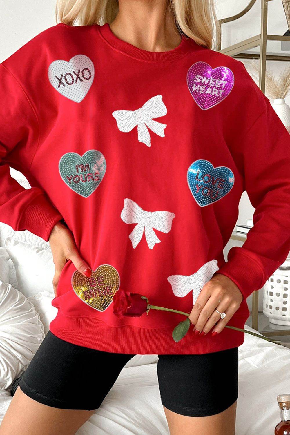 Valentine’s Day Sequin Bow Heart Round Neck Sweatshirt Red for a perfect OOTD – dress to impress outfits from Amexza