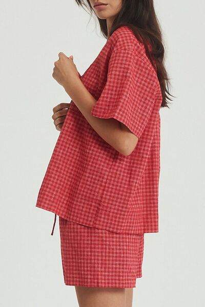 Plaid Tied Scoop Neck Short Sleeve Top and Drawstring Shorts Set for a perfect OOTD – dress to impress outfits from Amexza