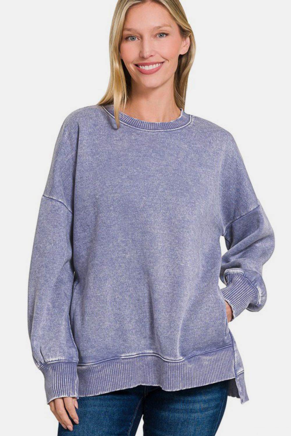 Zenana High-Low Acid Wash Fleece Sweatshirt for a perfect OOTD – dress to impress outfits from Amexza