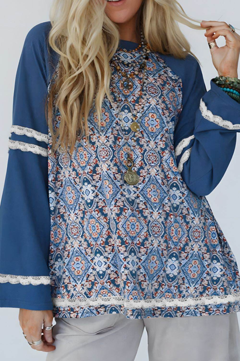 Lace Detail Geometric Round Neck Long Sleeve Top Dusty Blue for a perfect OOTD – dress to impress outfits from Amexza