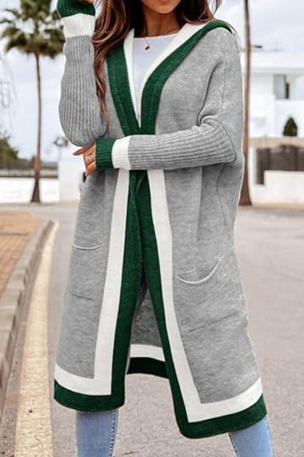 Pocketed Contrast Long Sleeve Hooded Cardigan for a perfect OOTD – dress to impress outfits from Amexza