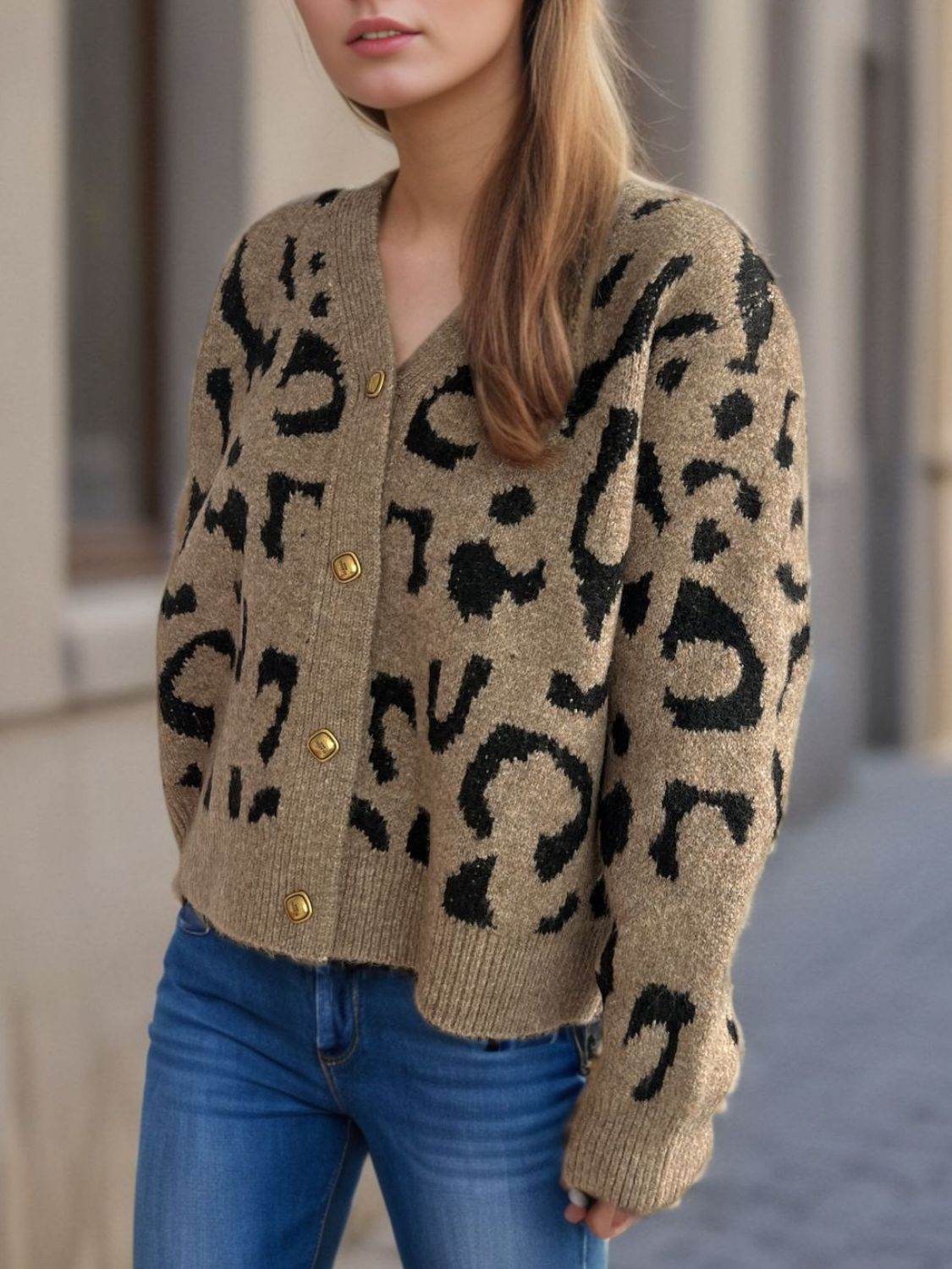 Leopard V-Neck Button Up Cardigan - Amexza