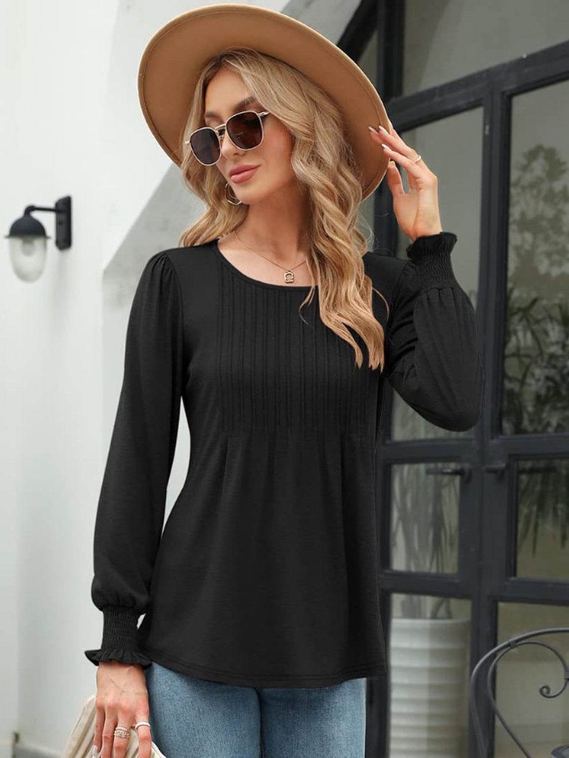 Smocked Round Neck Lantern Sleeve Blouse for a perfect OOTD – dress to impress outfits from Amexza