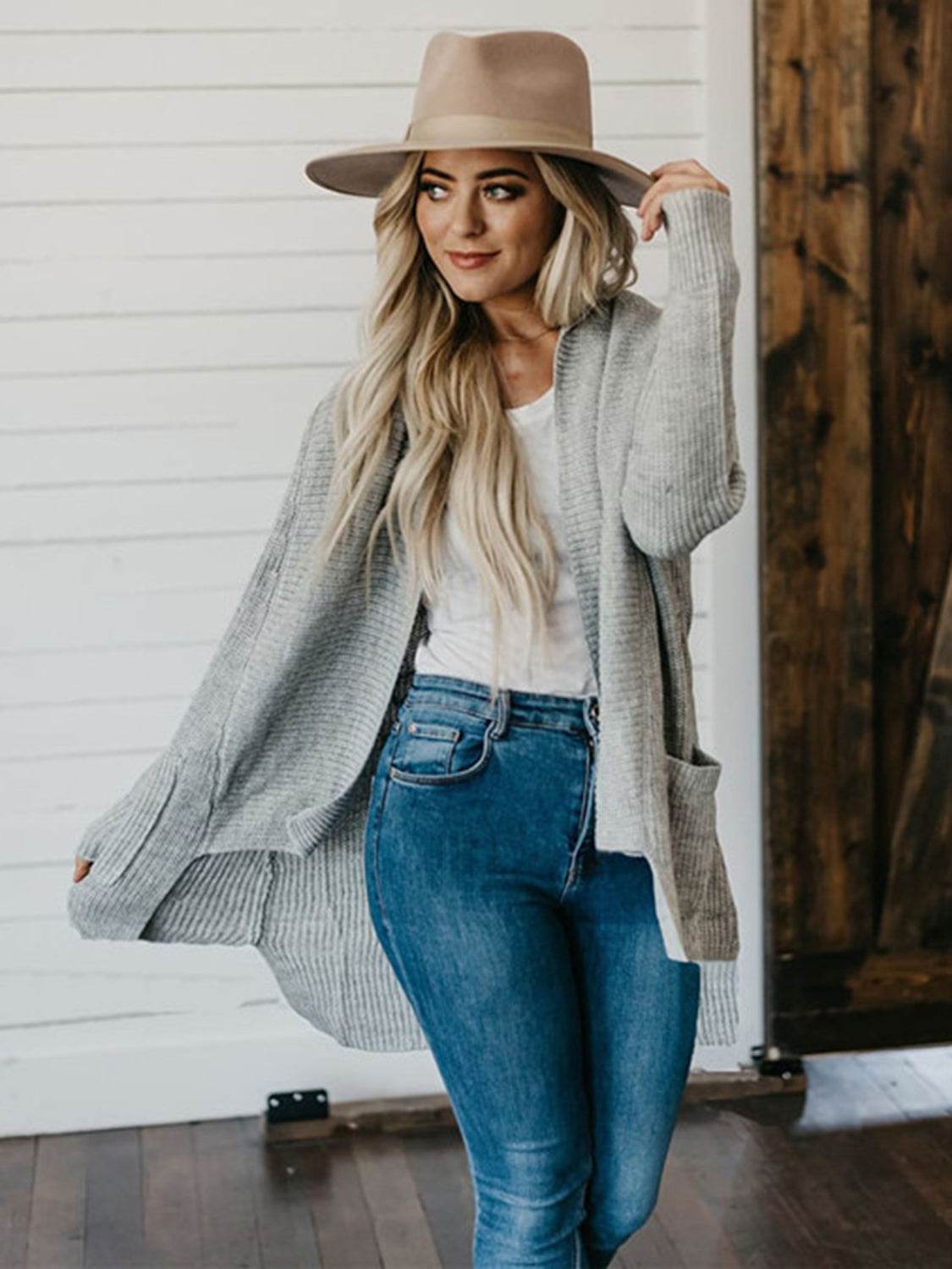 High-Low Open Front Cardigan with Pockets - Amexza