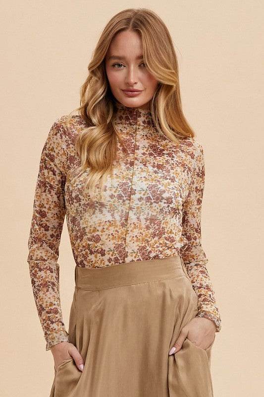 Annie Wear Floral Lettuce Hem Sheer Mesh Top Ivory Gold for a perfect OOTD – dress to impress outfits from Amexza