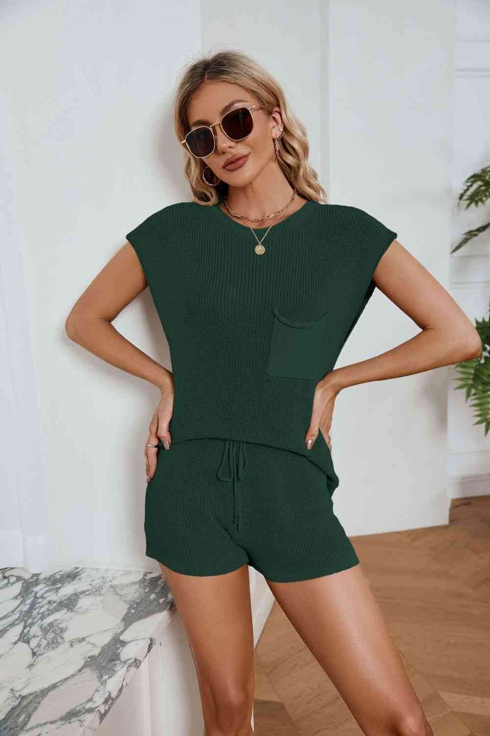 Round Neck Knit Top and Drawstring Shorts Set Forest for a perfect OOTD – dress to impress outfits from Amexza