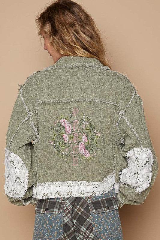 POL Crochet Patch Embroidered Button Up Jacket for a perfect OOTD – dress to impress outfits from Amexza