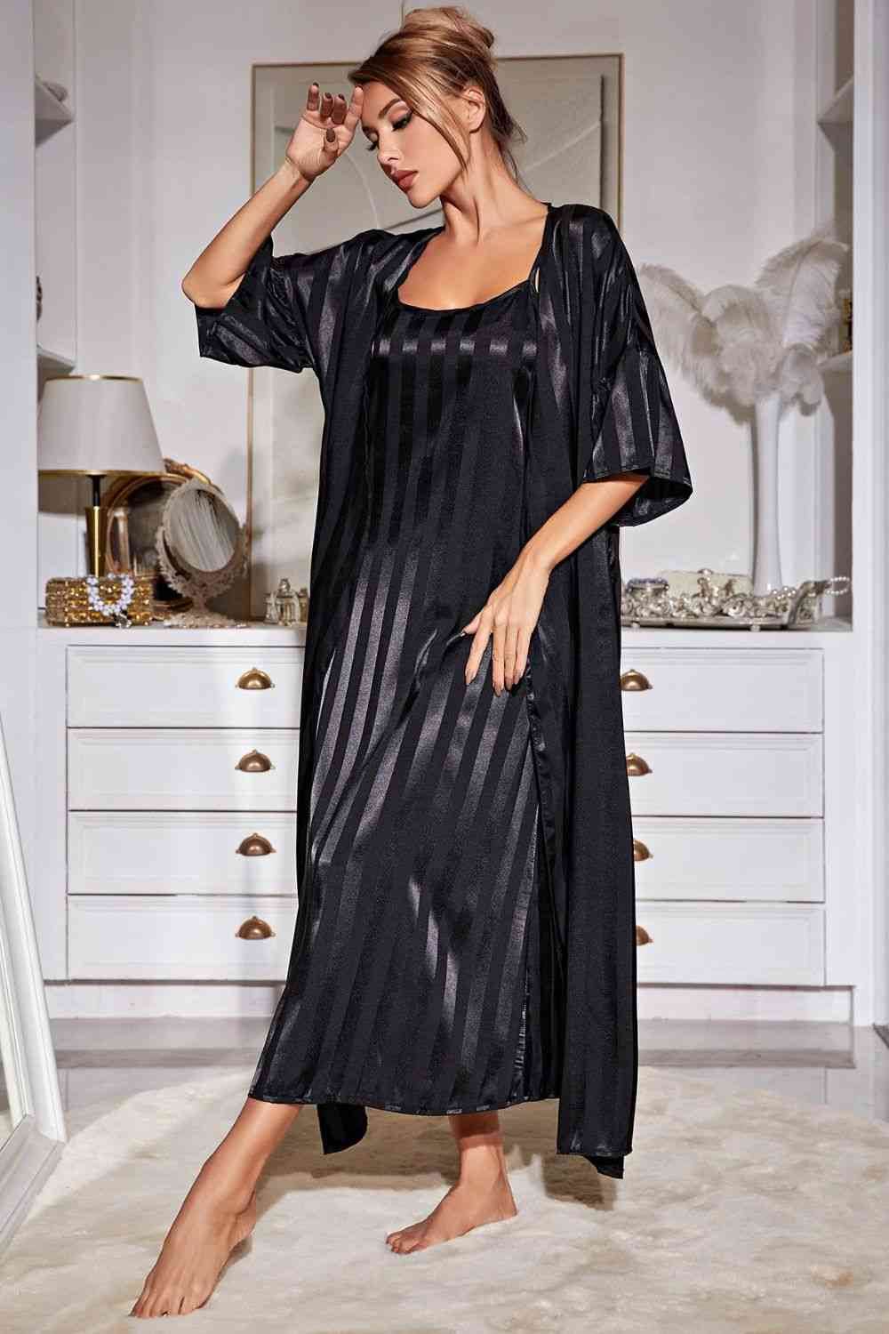 Striped Flounce Sleeve Open Front Robe and Cami Dress Set for a perfect OOTD – dress to impress outfits from Amexza