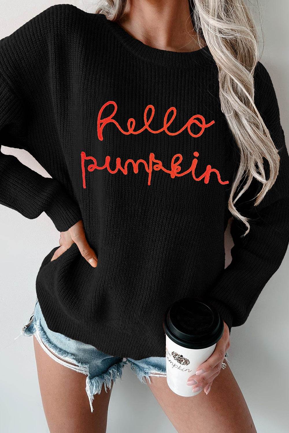 HELLO PUMPKIN Round Neck Long Sleeve Sweater for a perfect OOTD – dress to impress outfits from Amexza