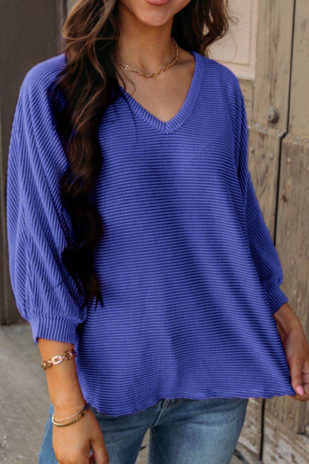 Texture V-Neck Long Sleeve Top Blue Purple for a perfect OOTD – dress to impress outfits from Amexza