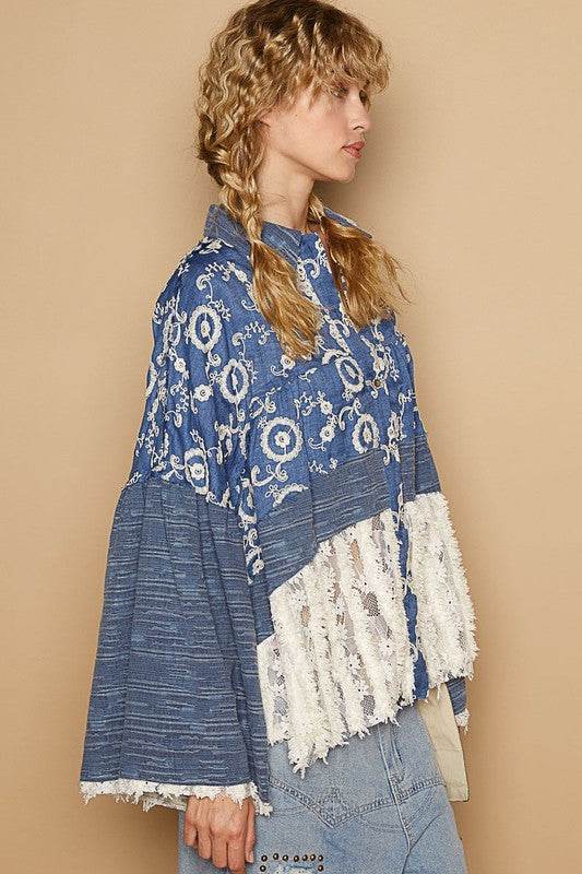 POL Lace Hem Embroidered Long Sleeve Shirt - Amexza