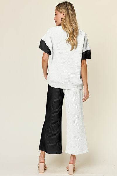 Double Take Full Size Texture Contrast T-Shirt and Wide Leg Pants Set for a perfect OOTD – dress to impress outfits from Amexza