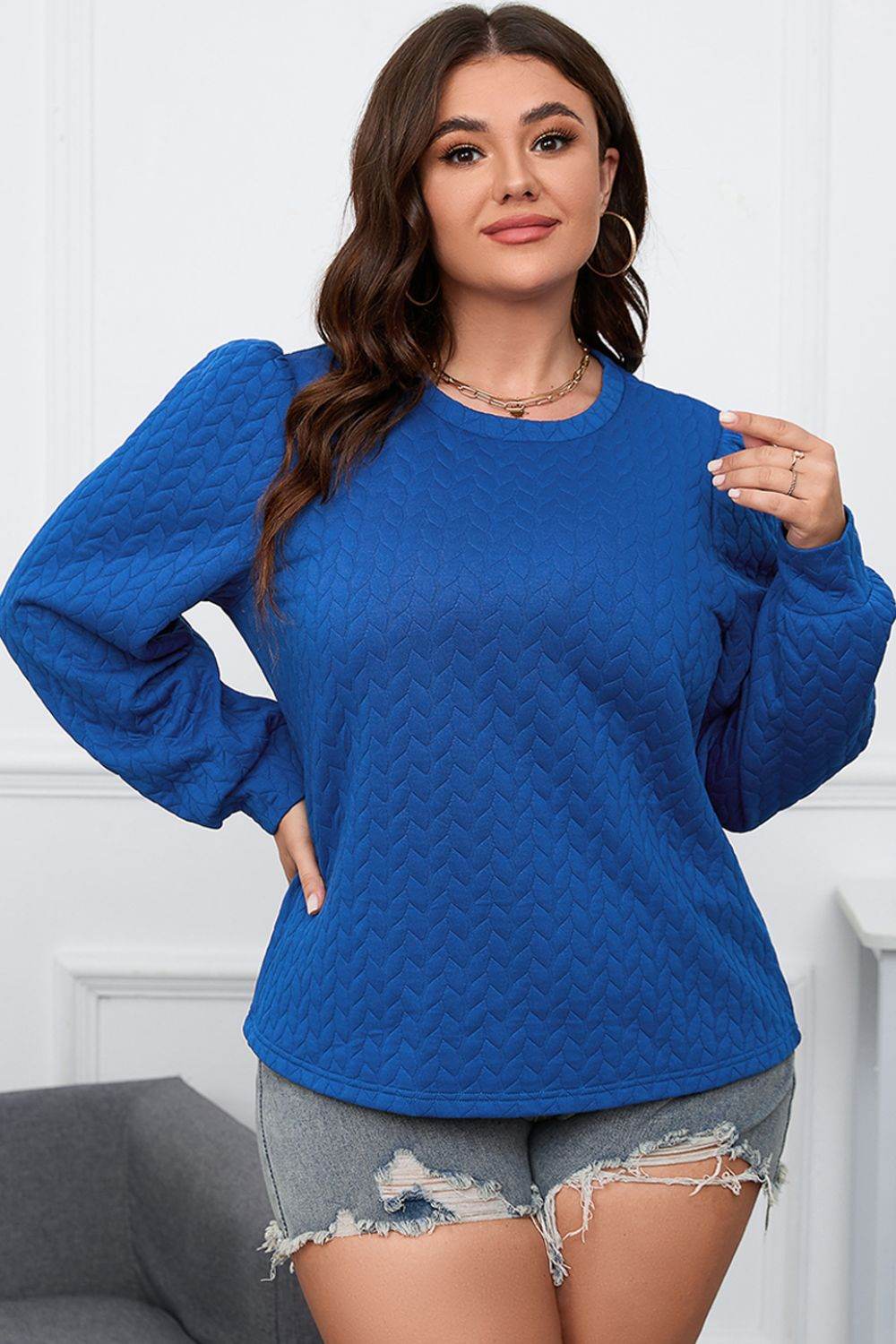 Plus Size Textured Round Neck Long Sleeve Top for a perfect OOTD – dress to impress outfits from Amexza