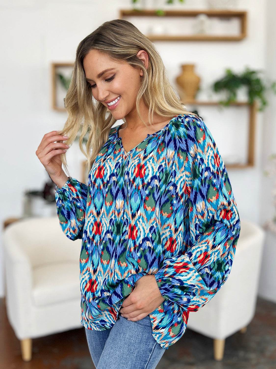 Double Take Full Size Printed Balloon Sleeve Blouse for a perfect OOTD – dress to impress outfits from Amexza