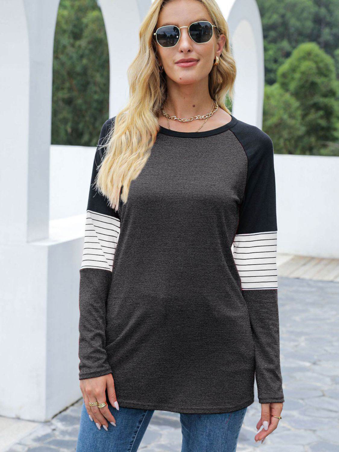 Contrast Striped Round Neck Long Sleeve T-Shirt Black for a perfect OOTD – dress to impress outfits from Amexza