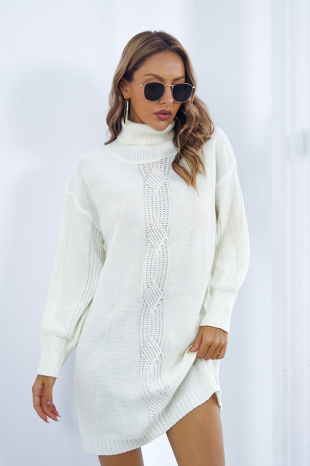 Openwork Turtleneck Long Sleeve Sweater Dress - Amexza