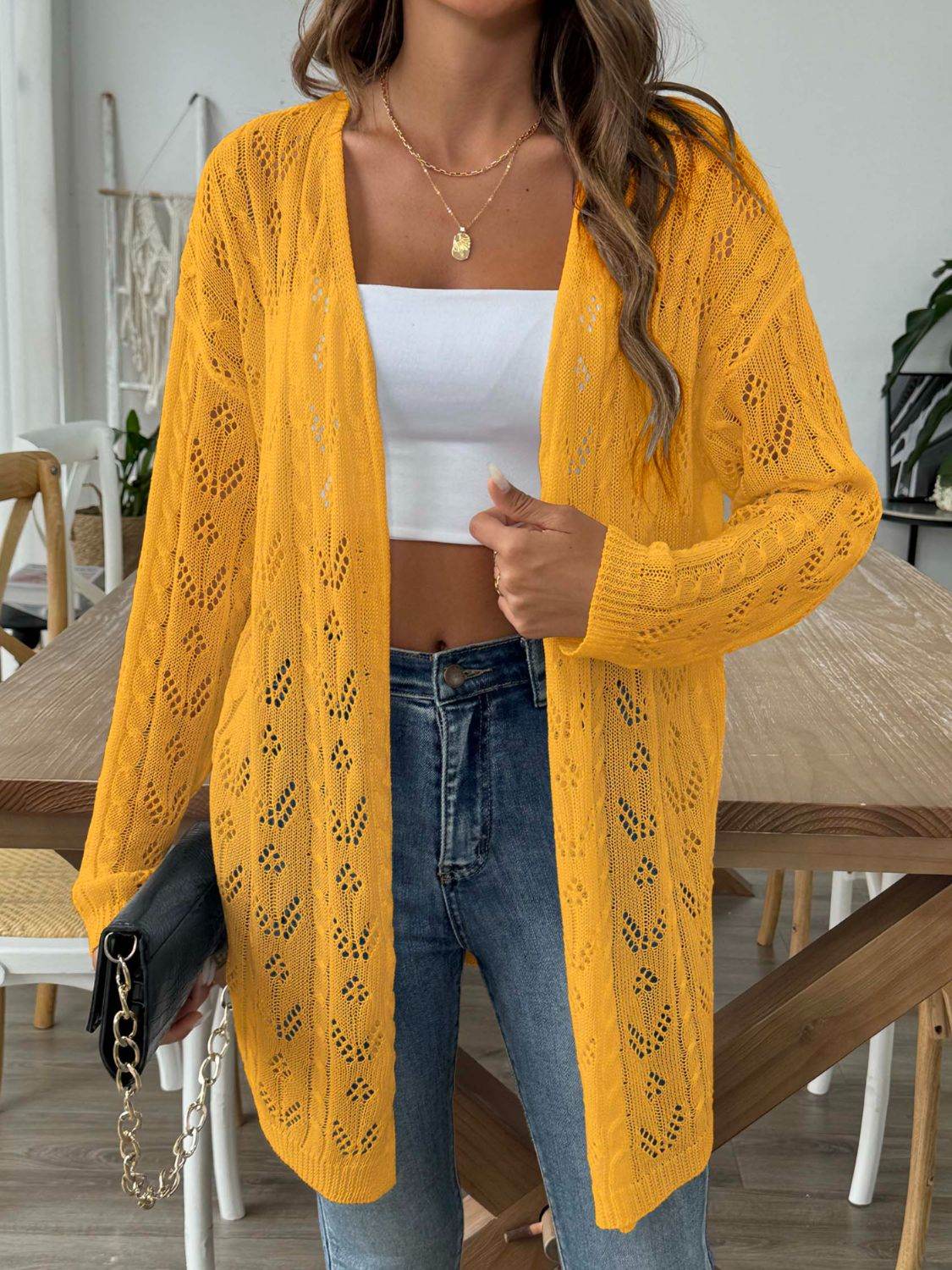 Openwork Open Front Long Sleeve Cardigan - Amexza