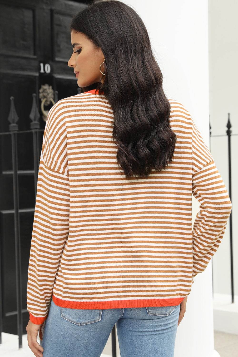 Striped Round Neck Drop Shoulder T-Shirt Ochre for a perfect OOTD – dress to impress outfits from Amexza