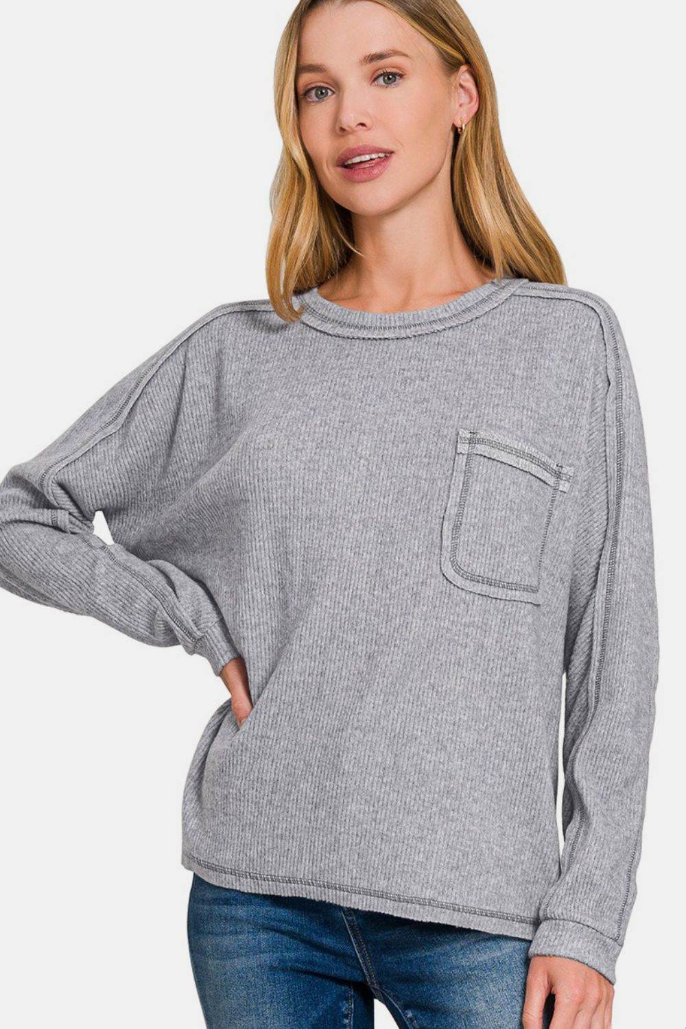 Zenana Full Size Contrast Stitching Brushed Ribbed Hacci Knit Top Gray for a perfect OOTD – dress to impress outfits from Amexza