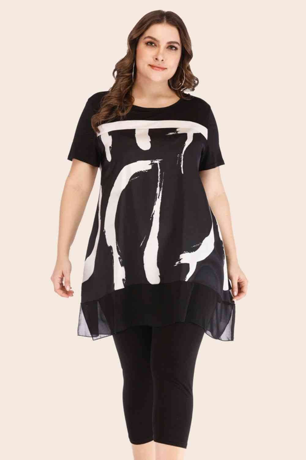 Plus Size Contrast Spliced Mesh T-Shirt and Cropped Leggings Set Black for a perfect OOTD – dress to impress outfits from Amexza