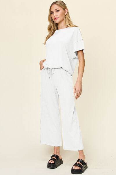 Double Take Full Size Texture Round Neck Short Sleeve T-Shirt and Wide Leg Pants White for a perfect OOTD – dress to impress outfits from Amexza