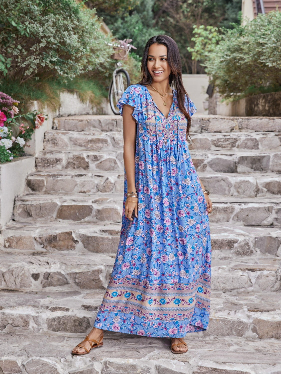 Ruffled Printed Tie Neck Cap Sleeve Dress - Blue / S