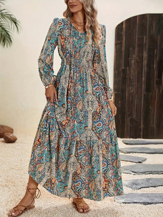 Printed Tie Neck Long Sleeve Maxi Dress - Air Force Blue / S