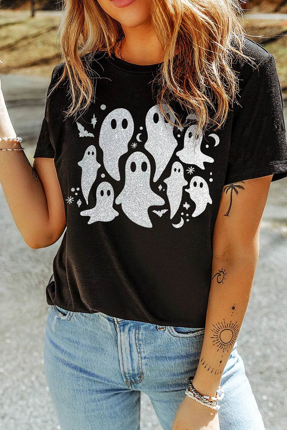 Full Size Ghost Round Neck Short Sleeve T-Shirt Black for a perfect OOTD – dress to impress outfits from Amexza