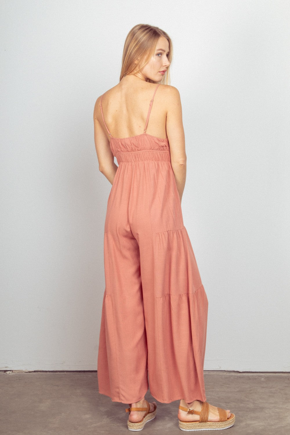 VERY J Sleeveless Ruched Wide Leg Jumpsuit - Amexza