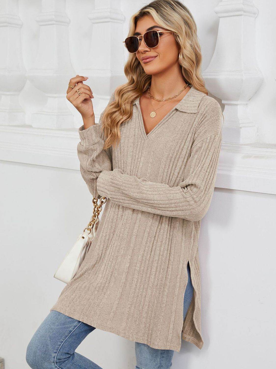 Slit Johnny Collar Long Sleeve T-Shirt - Amexza