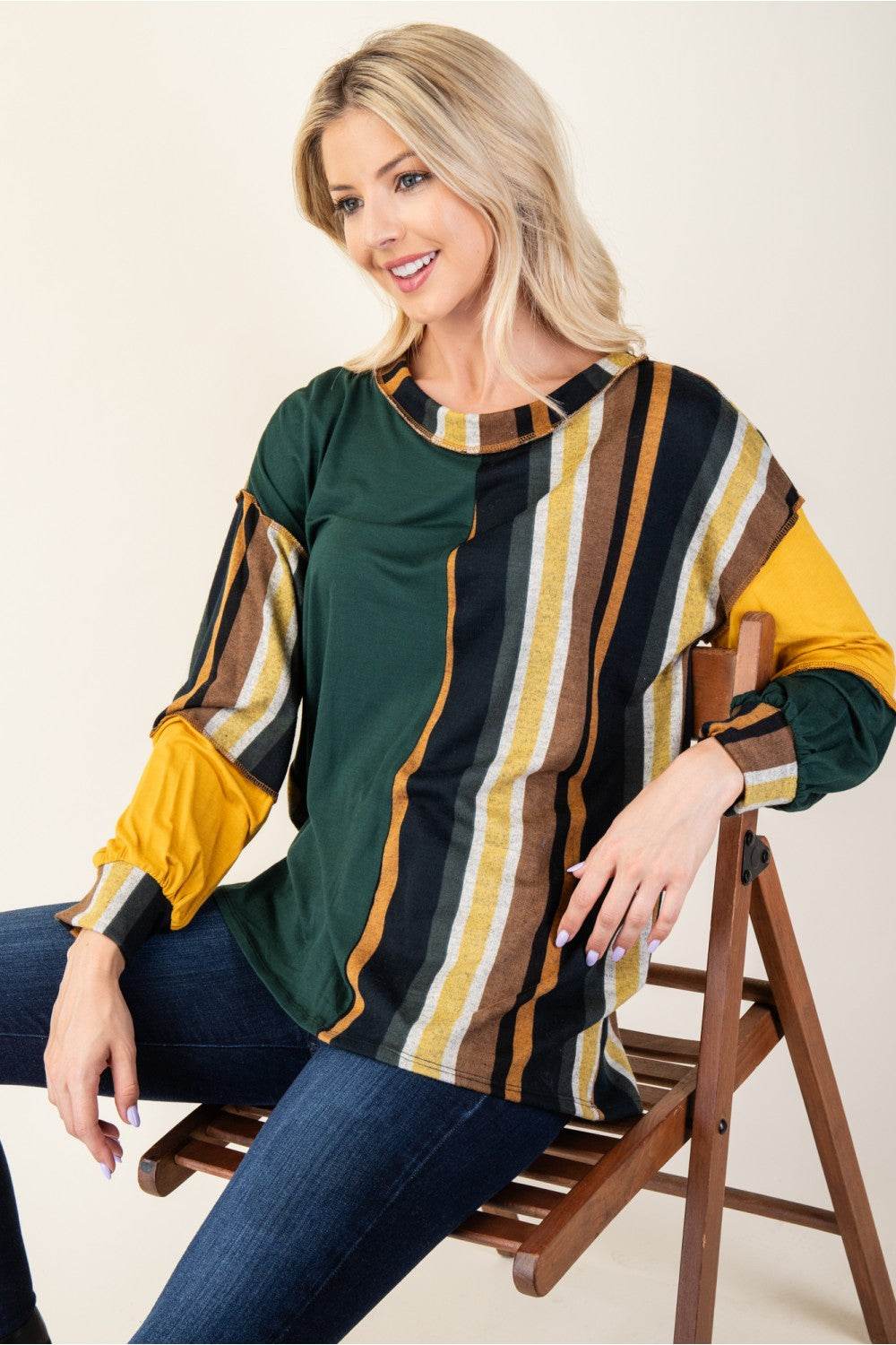 Celeste Full Size Striped Color Block Exposed Seam T-Shirt for a perfect OOTD – dress to impress outfits from Amexza