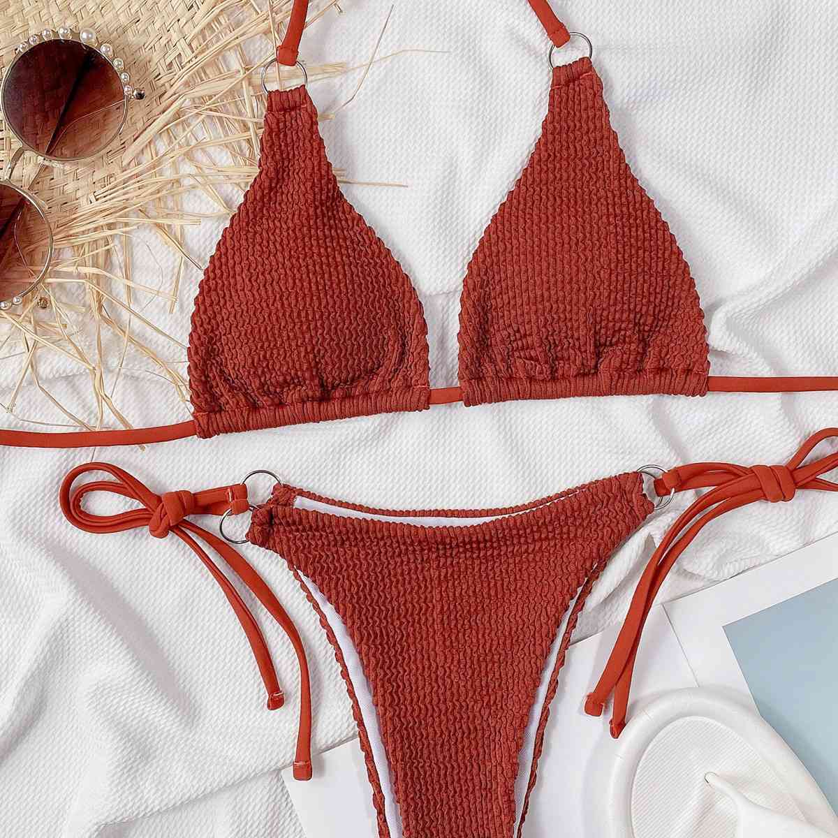 Textured Halter Neck Tie Side Bikini Set for a perfect OOTD – dress to impress outfits from Amexza