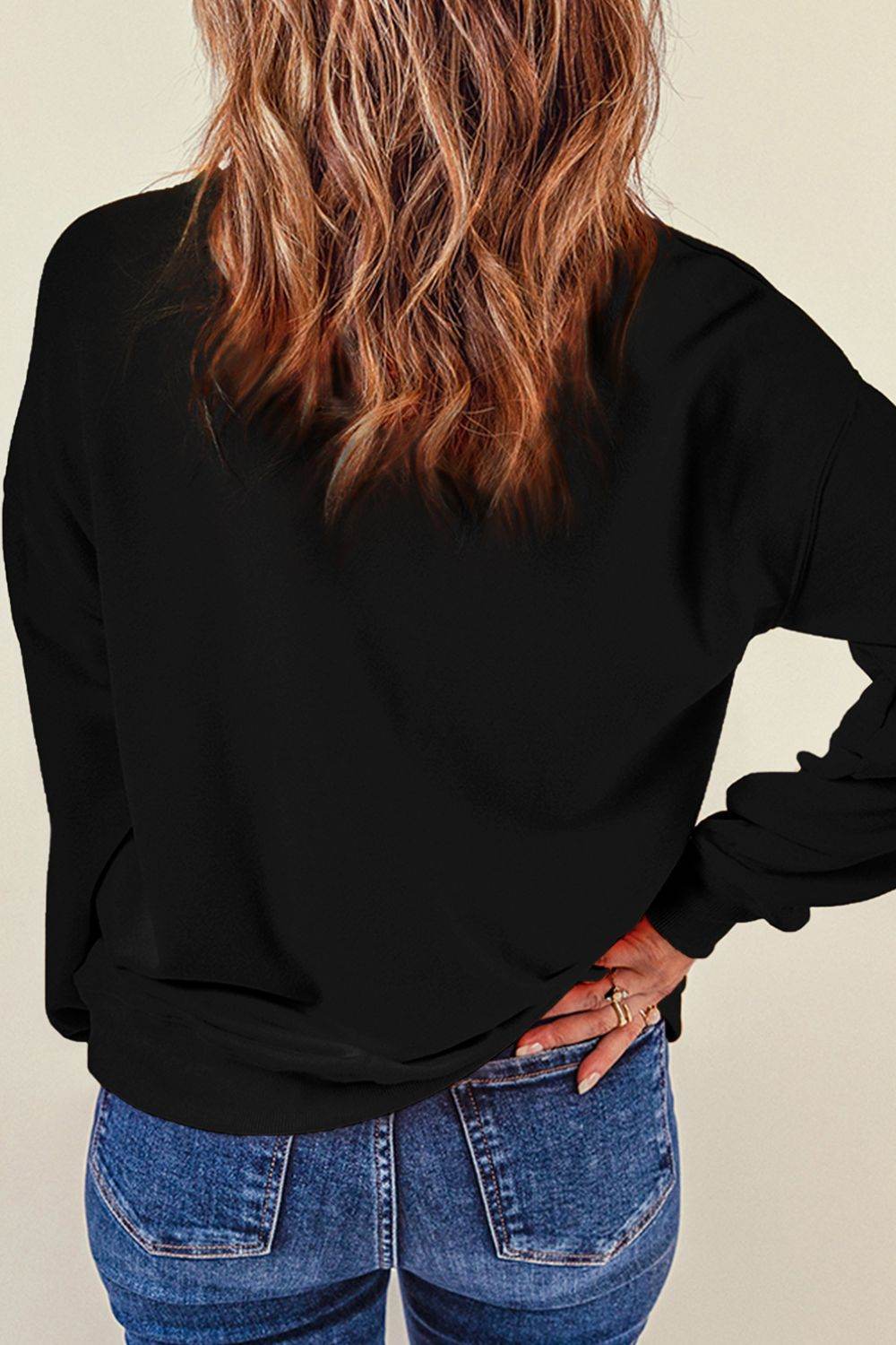 Rhinestone LOVE Round Neck Long Sleeve Sweatshirt - Amexza