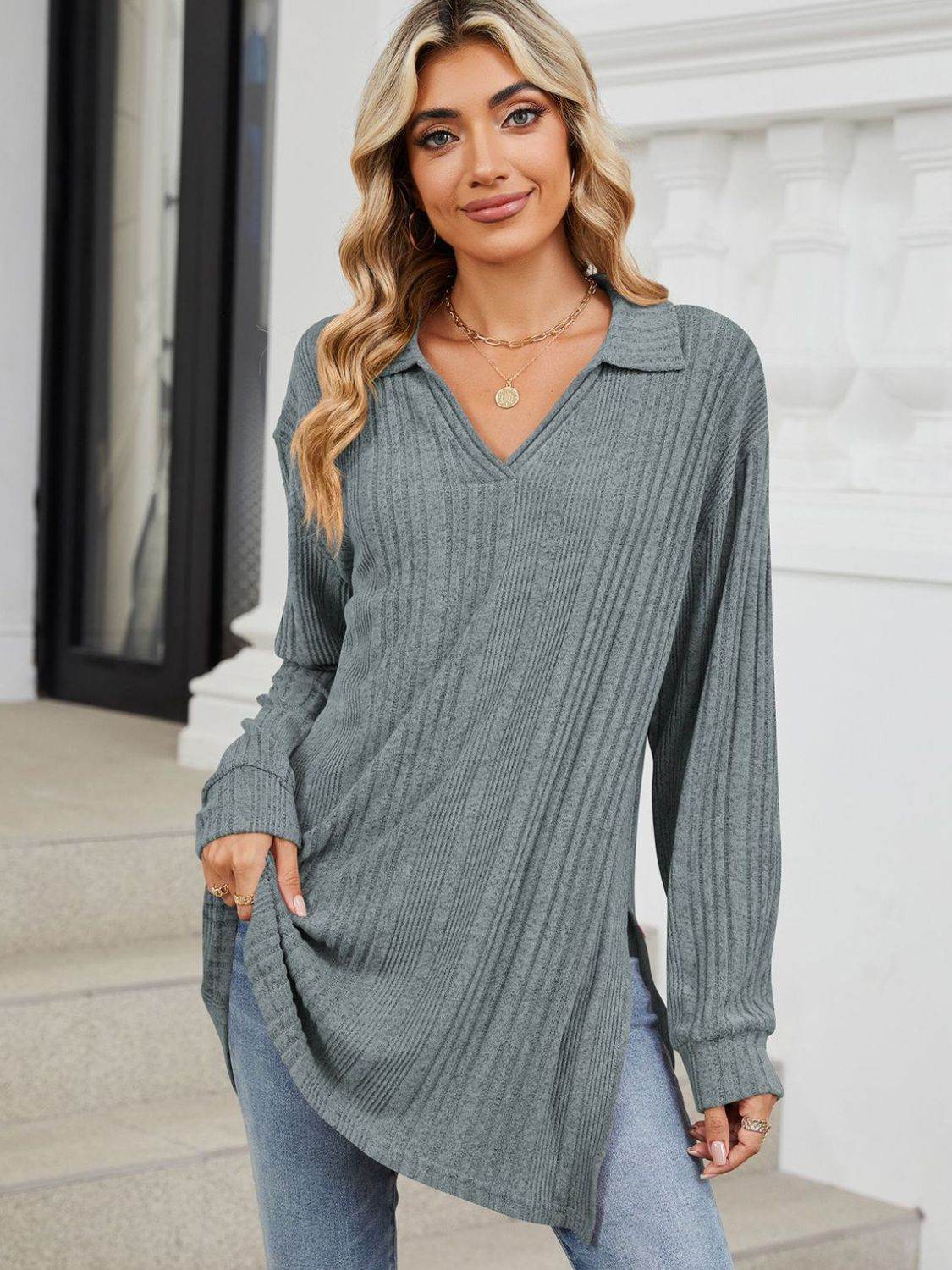 Slit Johnny Collar Long Sleeve T-Shirt Air Force Blue for a perfect OOTD – dress to impress outfits from Amexza