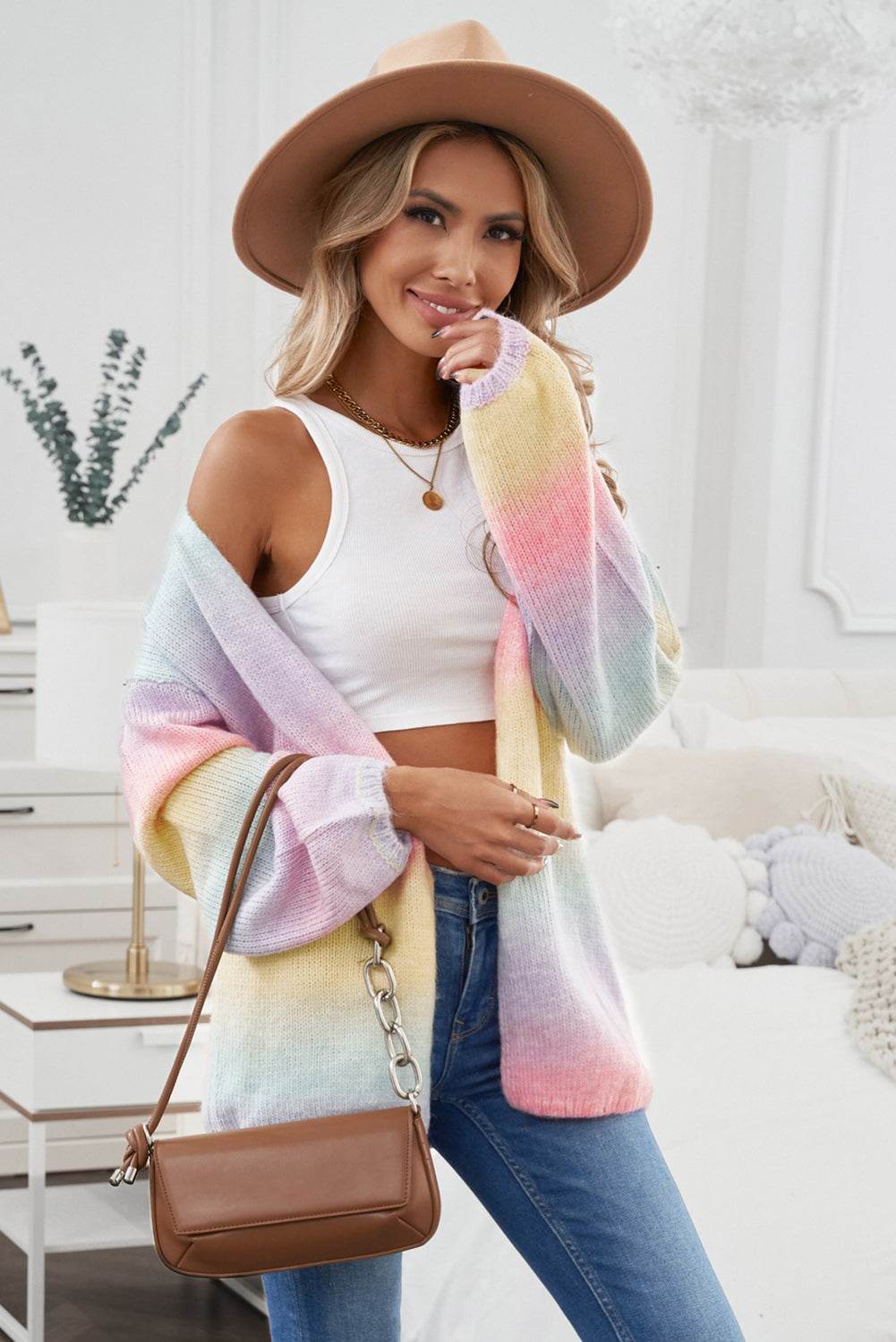 Contrast Balloon Sleeve Dropped Shoulder Cardigan - Amexza