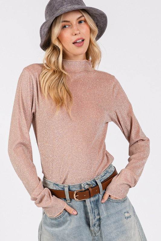 SAGE + FIG Glitter Mock Neck Lettuce Hem Long Sleeve Top - Amexza